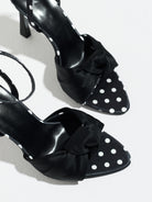 Mescini black knot front polka dot heeled sandals, close up of the knotted toe band, US women's sizes