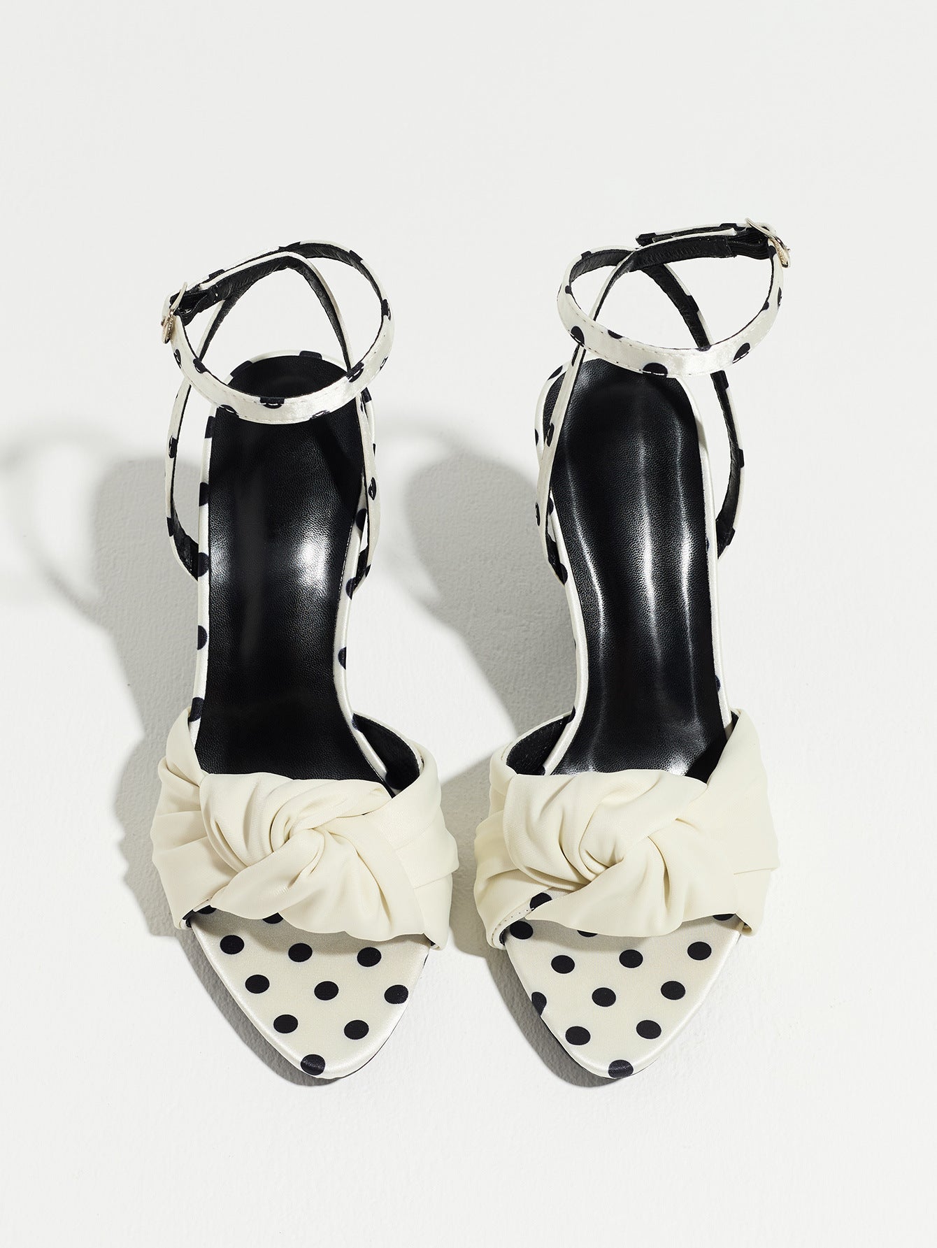 Mescini white knot front polka dot heeled sandals, pair seen from directly above, US women's sizes