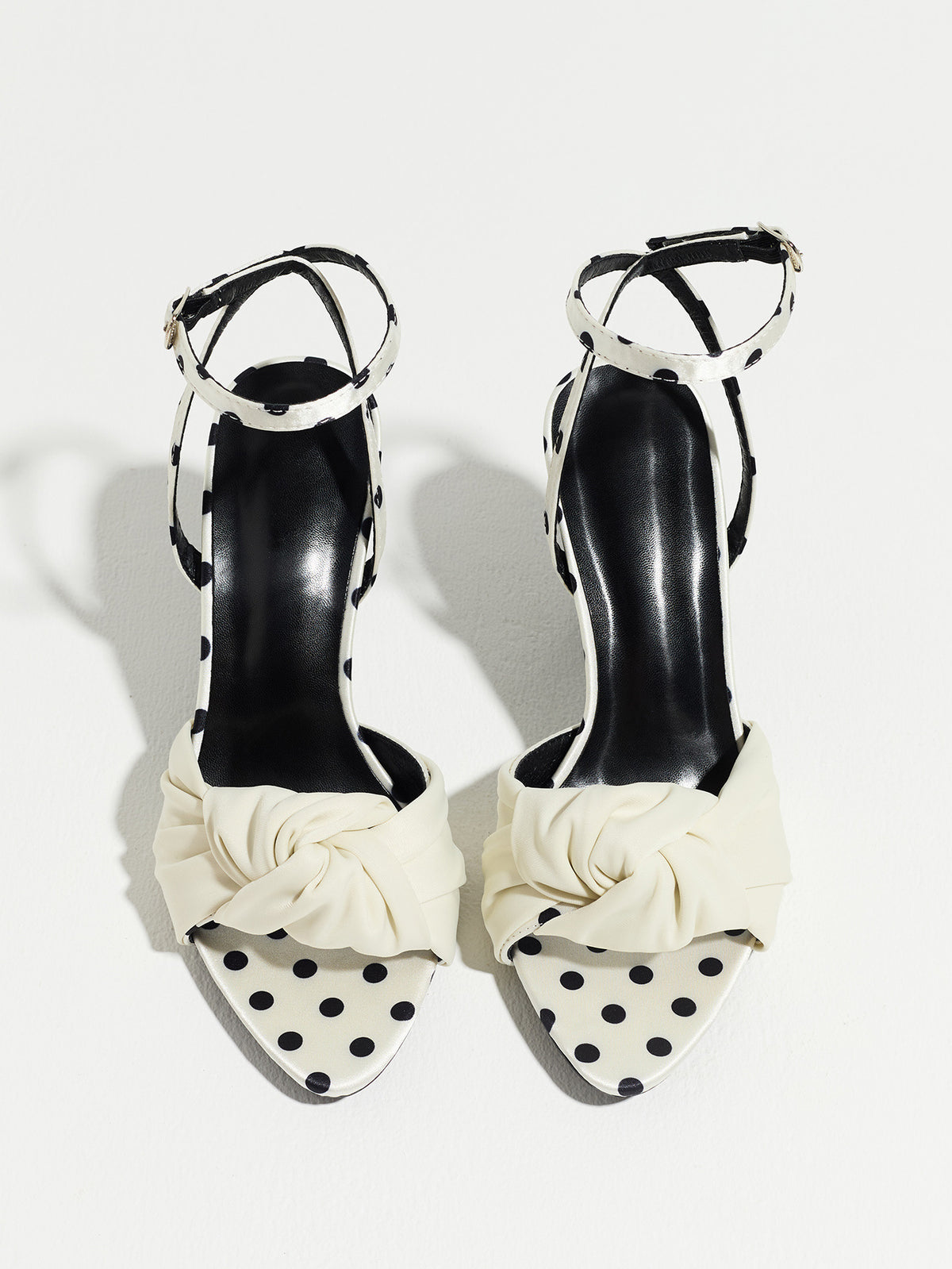 Mescini white knot front polka dot heeled sandals, pair seen from directly above, US women's sizes