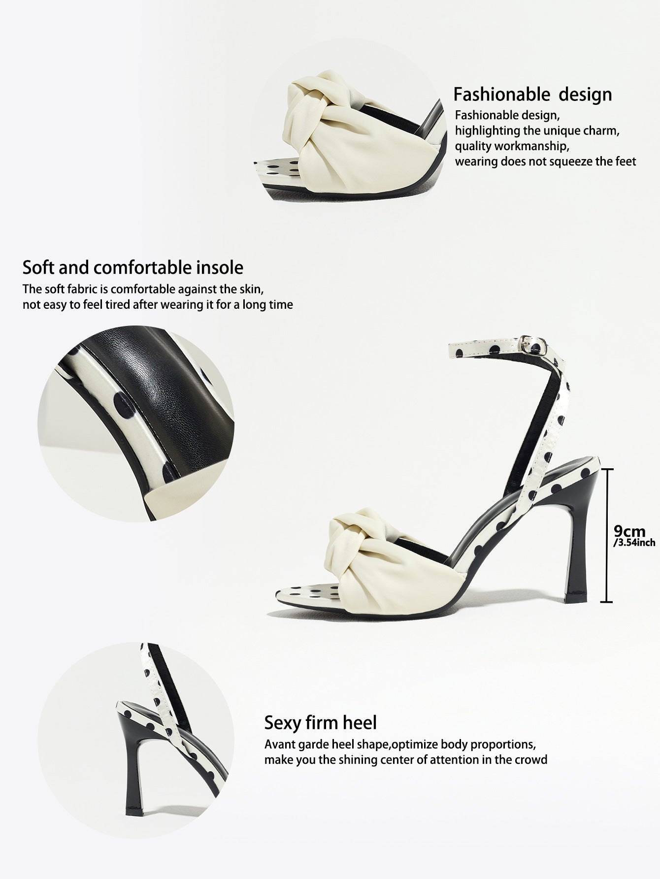Mescini white knot front polka dot heeled sandals, detail graphic with the measurements, US women's sizes