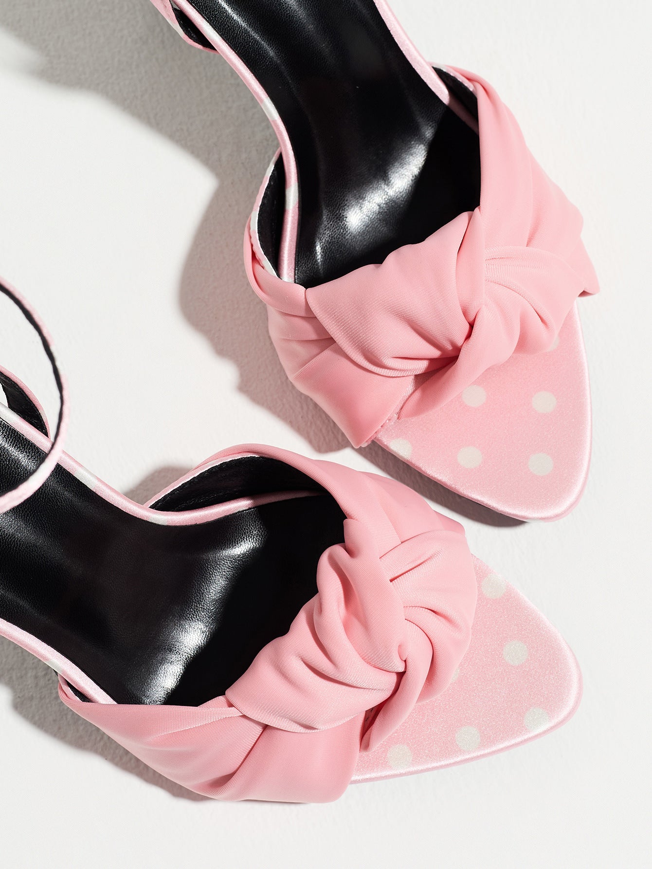 Mescini pink knot front polka dot heeled sandals, close up of the gathered vamp trim, US women's sizes