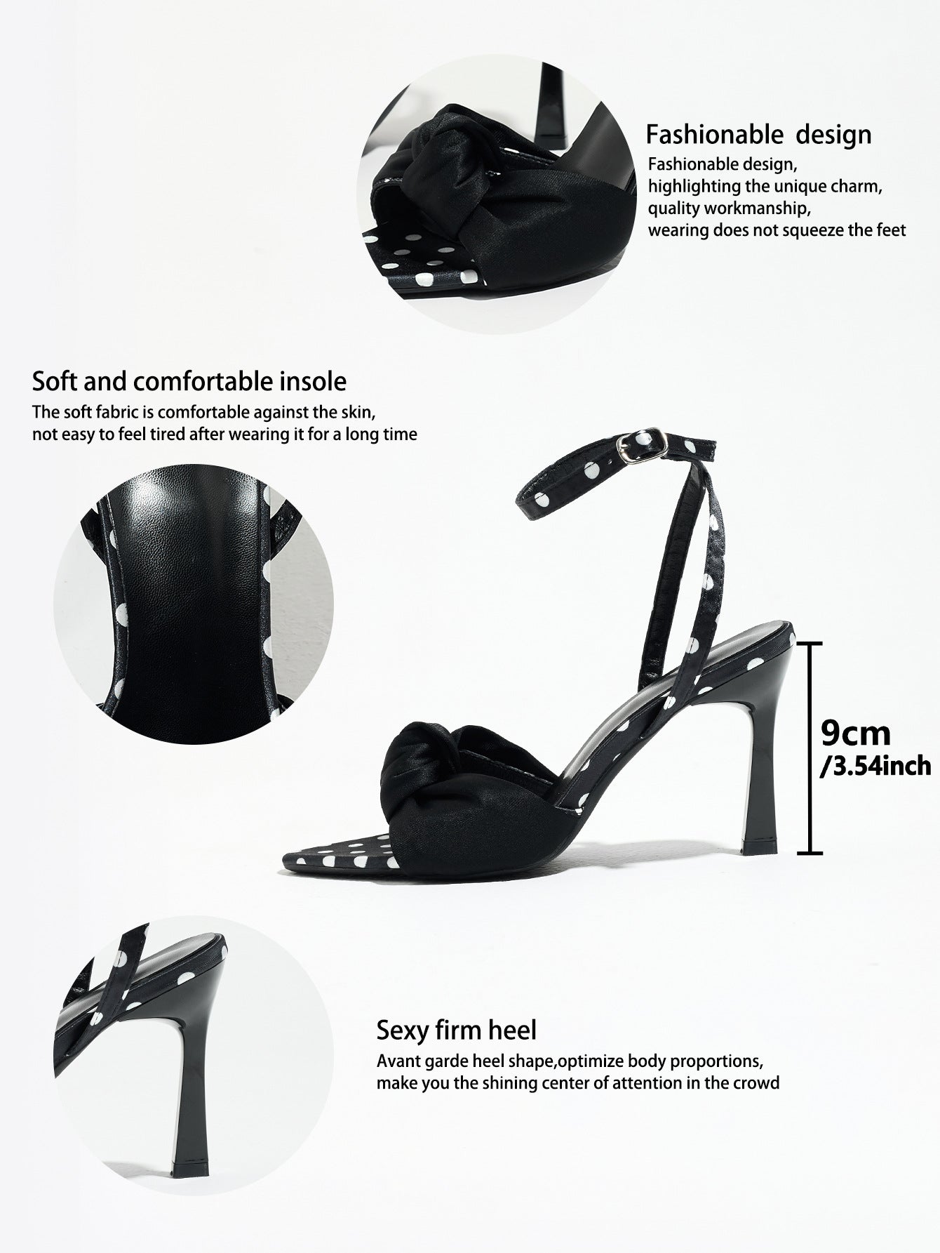 Mescini black knot front polka dot heeled sandals, product detail graphic with measurements, US women's sizes