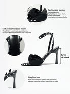 Mescini black knot front polka dot heeled sandals, product detail graphic with measurements, US women's sizes