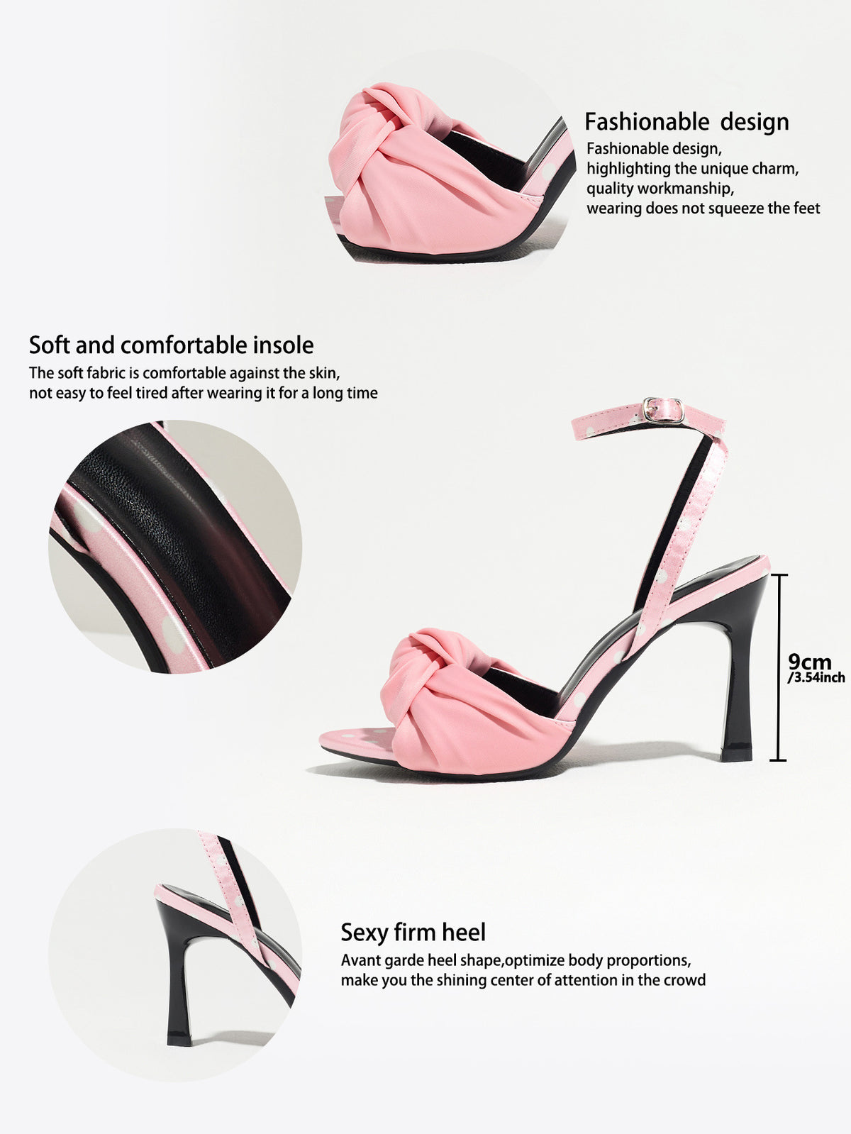 Mescini pink knot front polka dot heeled sandals, product graphic with design callouts, US women's sizes