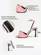 Mescini pink knot front polka dot heeled sandals, product graphic with design callouts, US women's sizes
