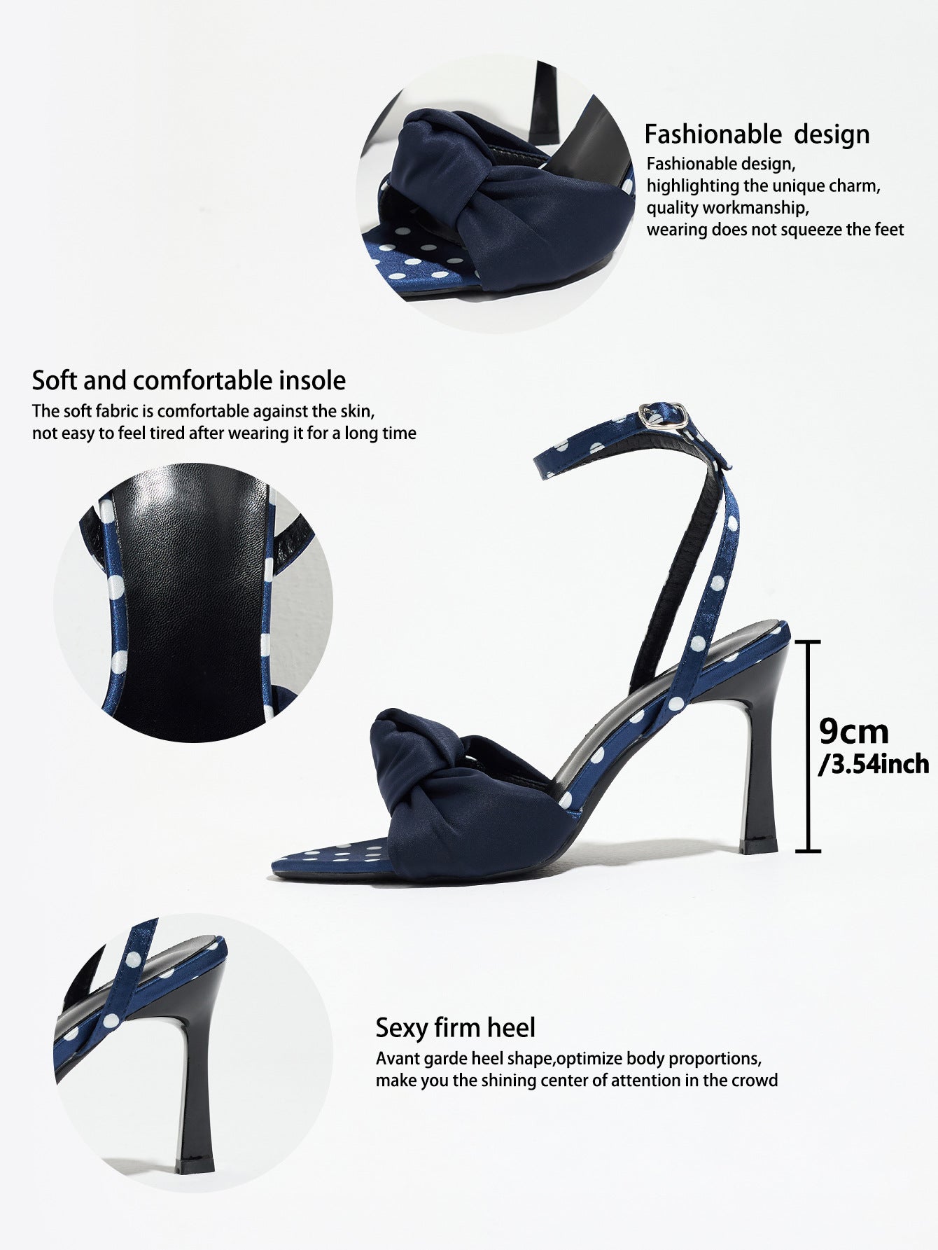 Mescini navy knot front polka dot heeled sandals, detail graphic listing the measurements, US women's sizes
