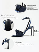 Mescini navy knot front polka dot heeled sandals, detail graphic listing the measurements, US women's sizes