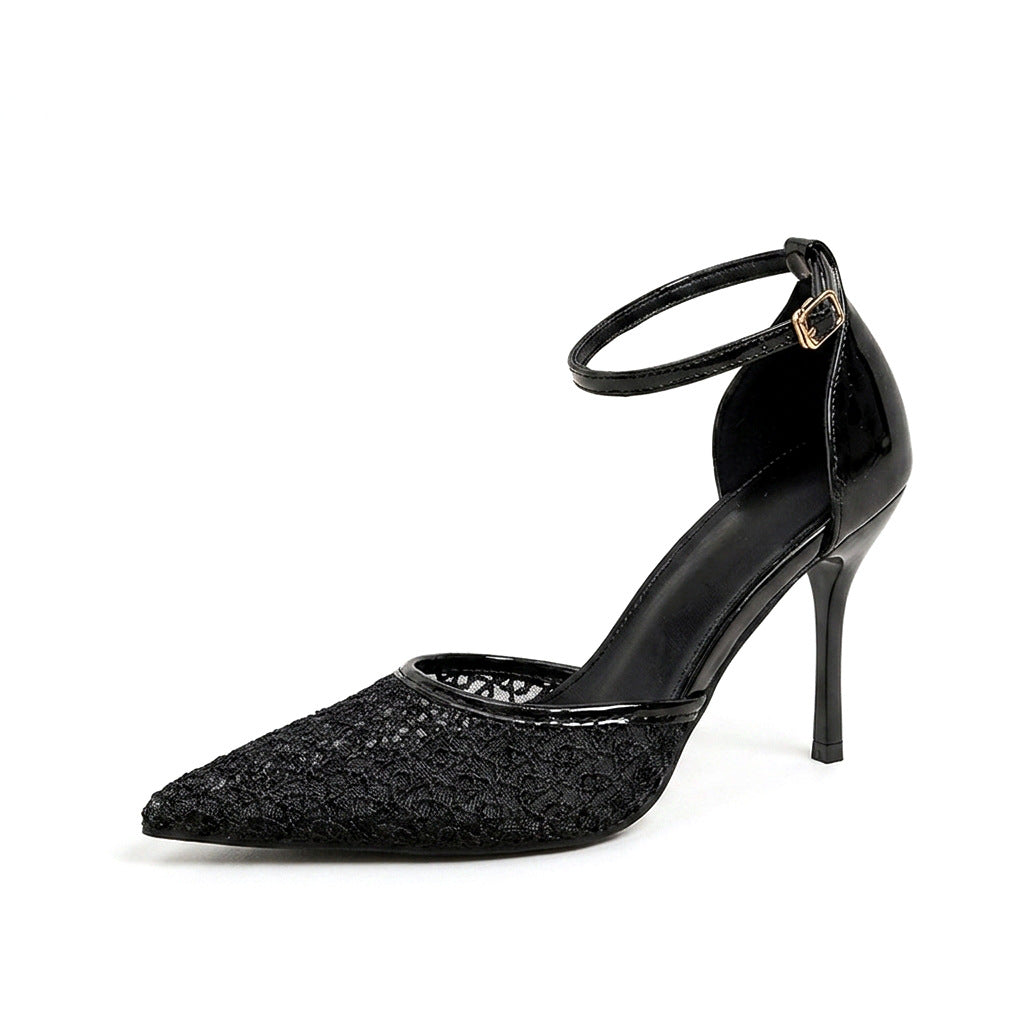 Mescini black lace mesh pump, three quarter studio view of the buckle, US women's sizes