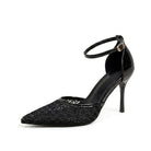 Mescini black lace mesh pump, three quarter studio view of the buckle, US women's sizes