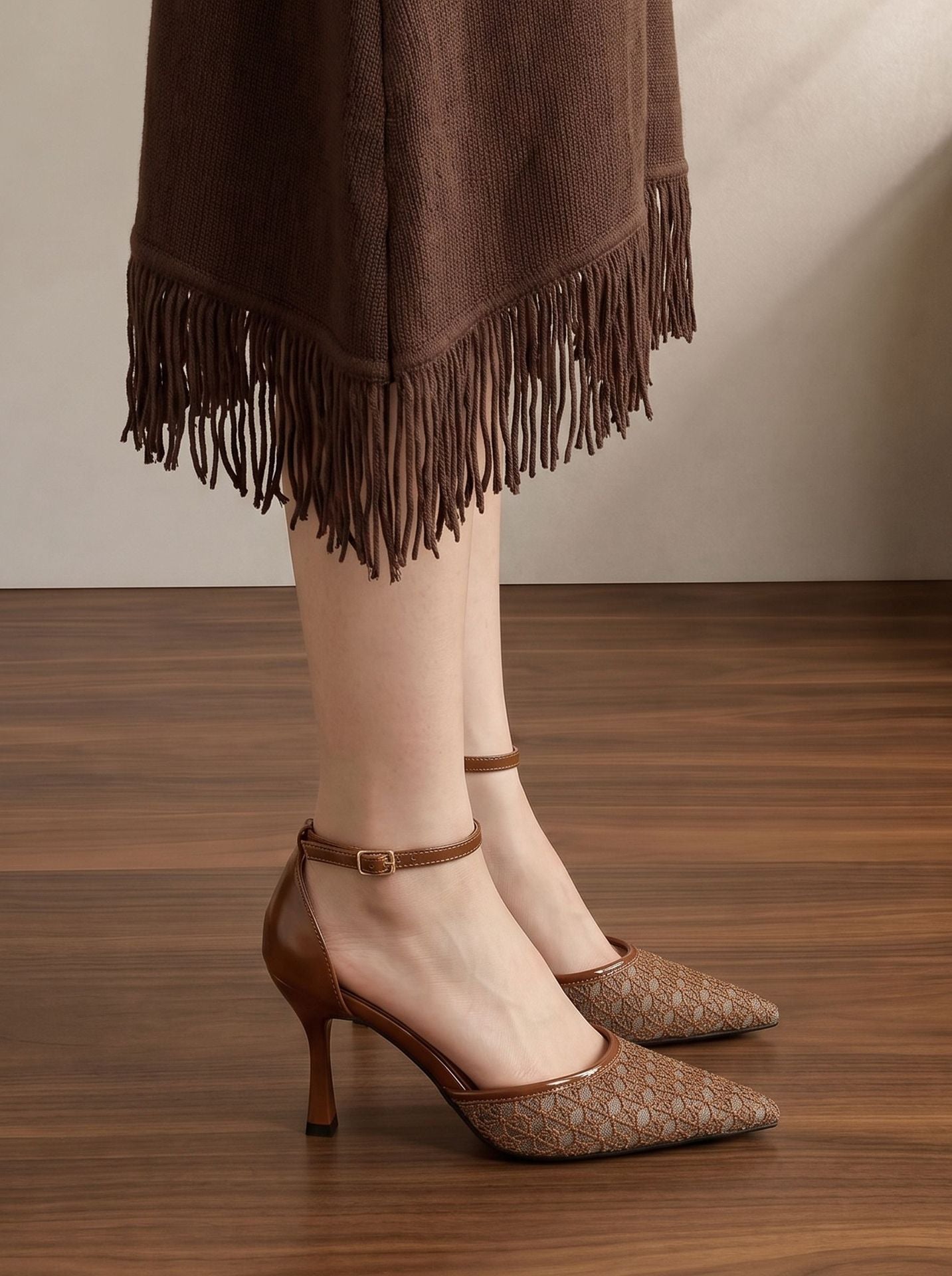 Mescini brown embroidered mesh ankle strap pumps, standing on a wood floor, US women's sizes