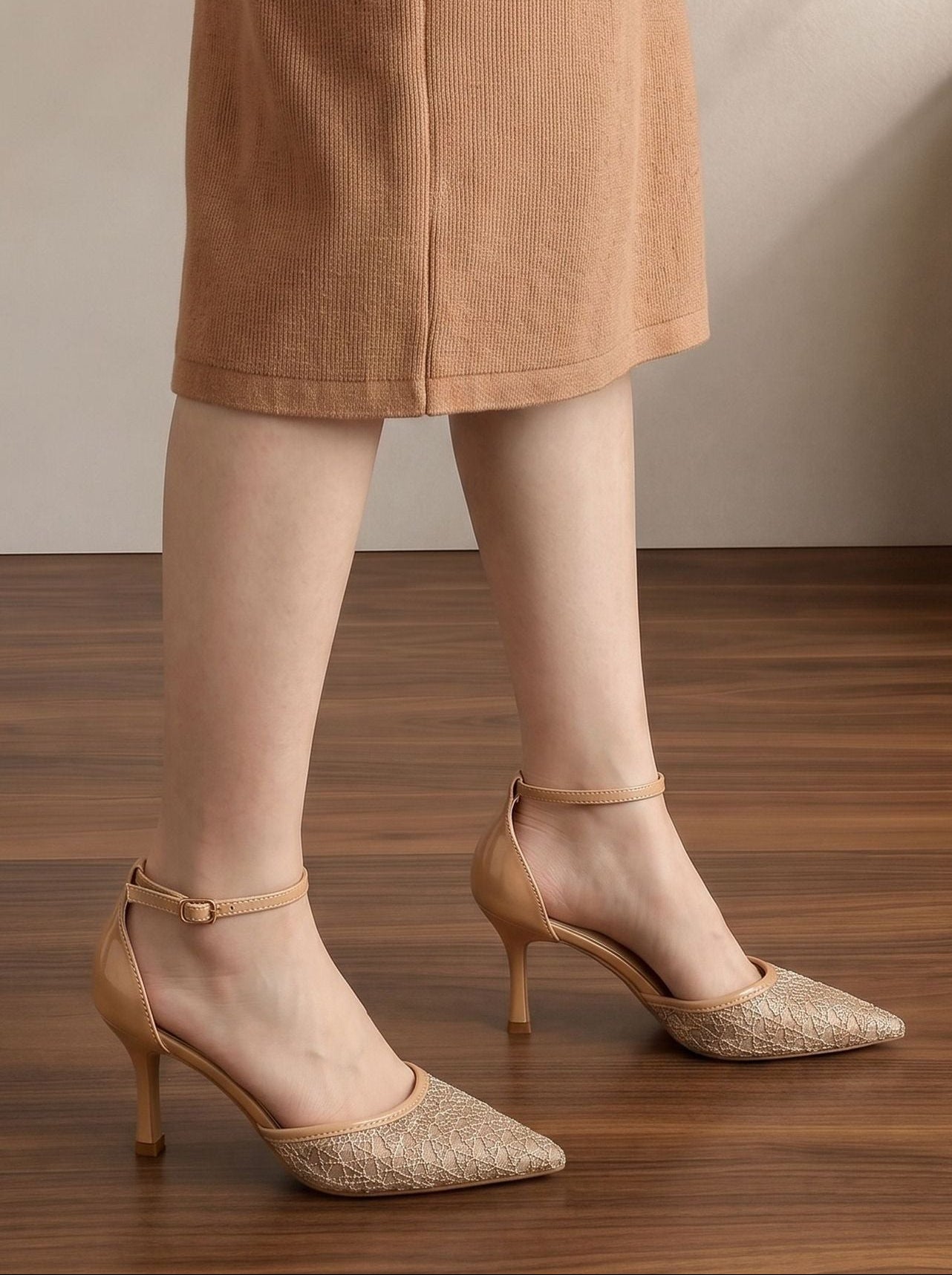 Mescini apricot embroidered mesh ankle strap pumps, standing on a wood floor, US women's sizes