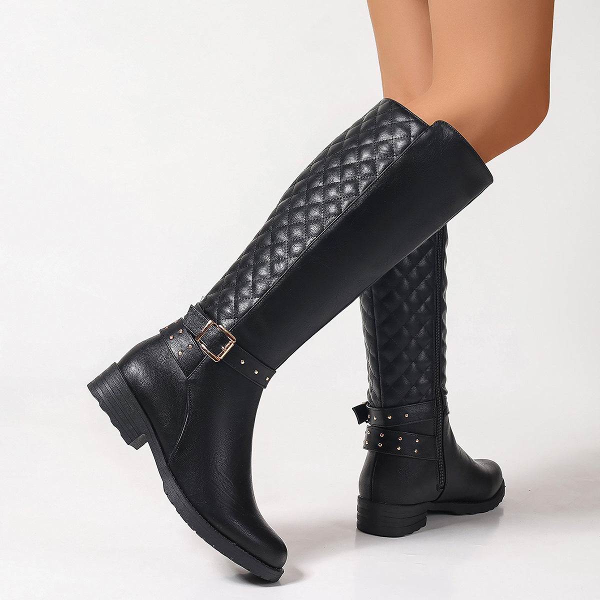 Mescini black quilted knee high boots showing the diamond quilted back, US women's sizes