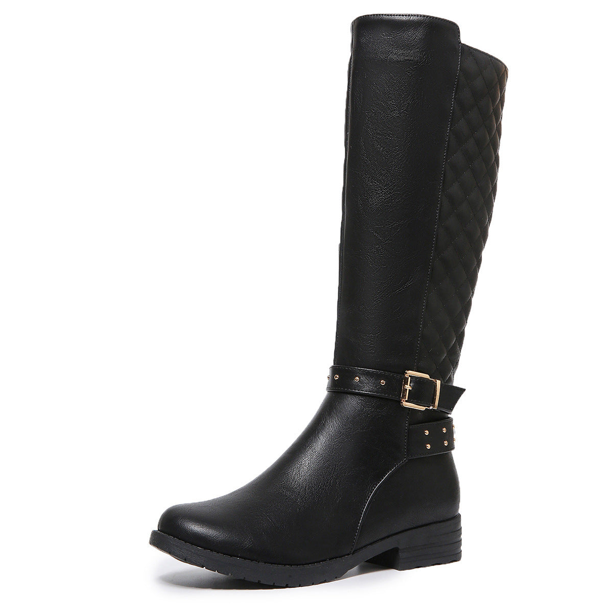 Mescini black quilted knee high boots single boot with buckle strap, US women's sizes