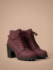 Mescini burgundy lace up combat ankle boots with buckle strap and lug sole, pair view
