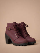 Mescini burgundy lace up combat ankle boots with buckle strap and lug sole, pair view