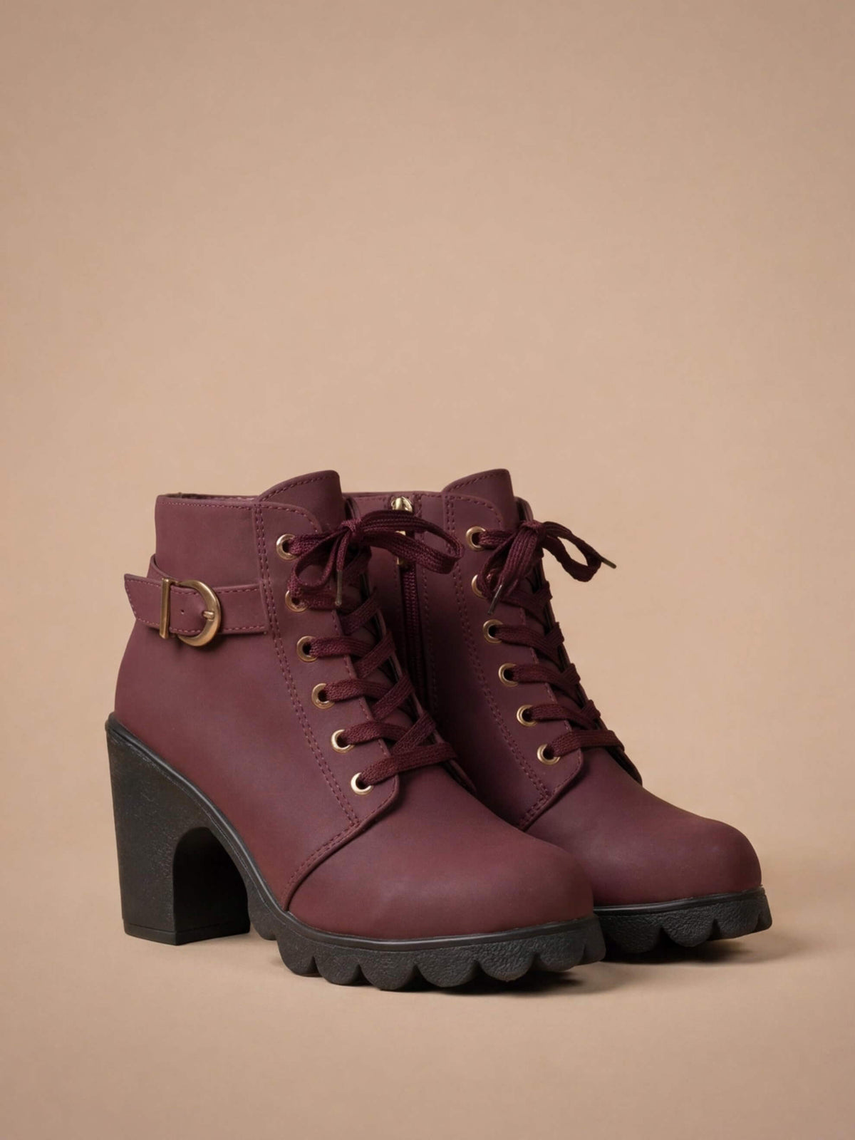 Mescini burgundy lace up combat ankle boots with buckle strap and lug sole, pair view