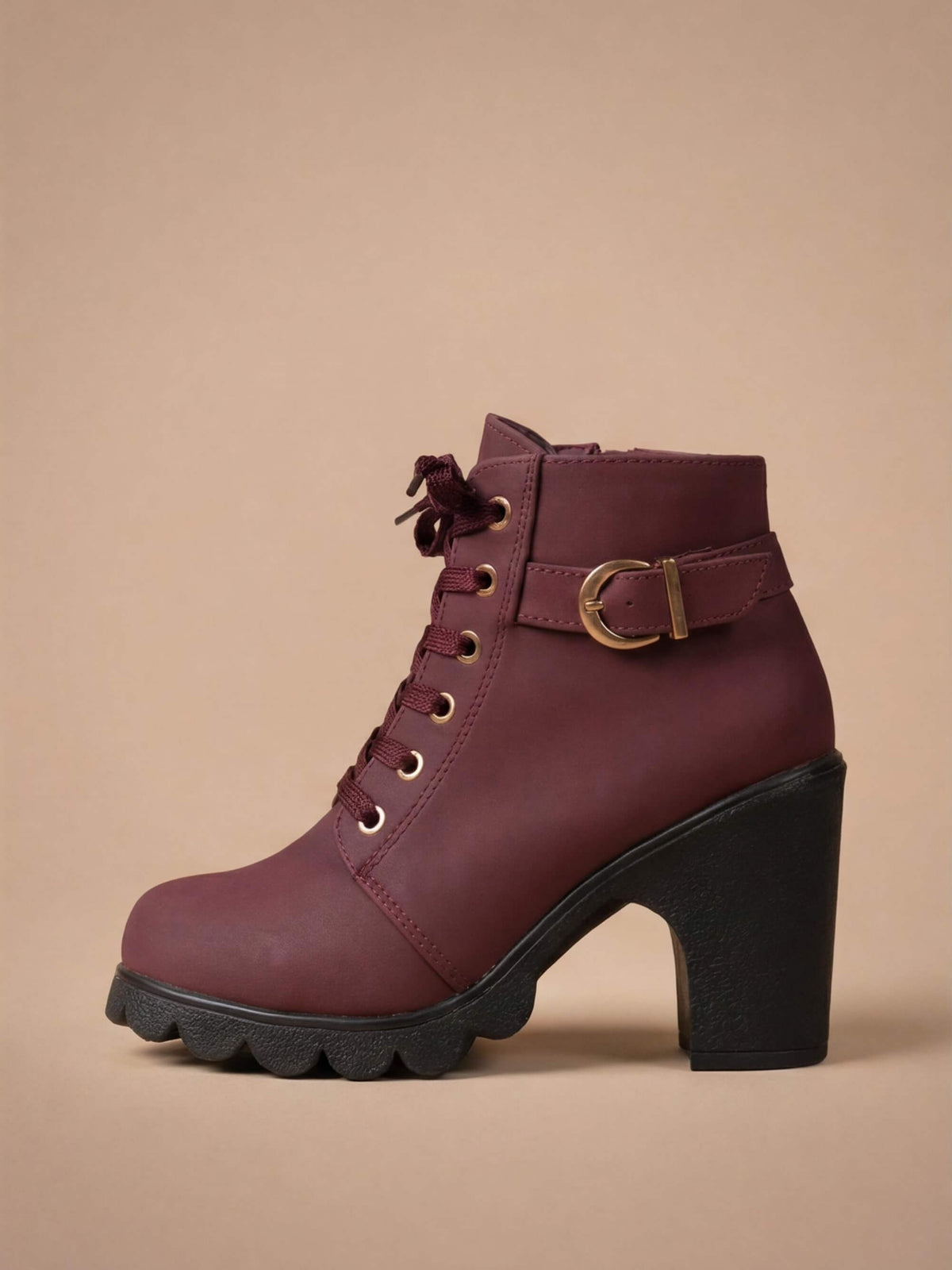 Mescini burgundy lace up ankle boot side profile showing chunky block heel and lug sole