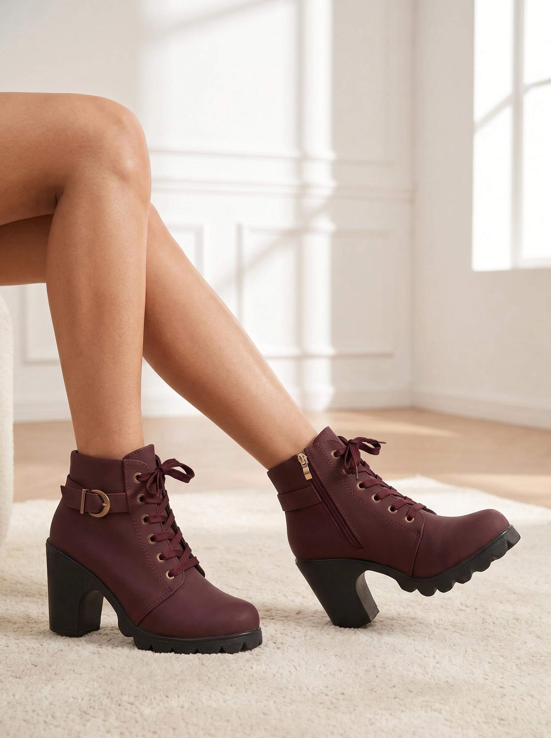 Model seated wearing Mescini burgundy buckled lace up ankle boots, indoor lifestyle shot