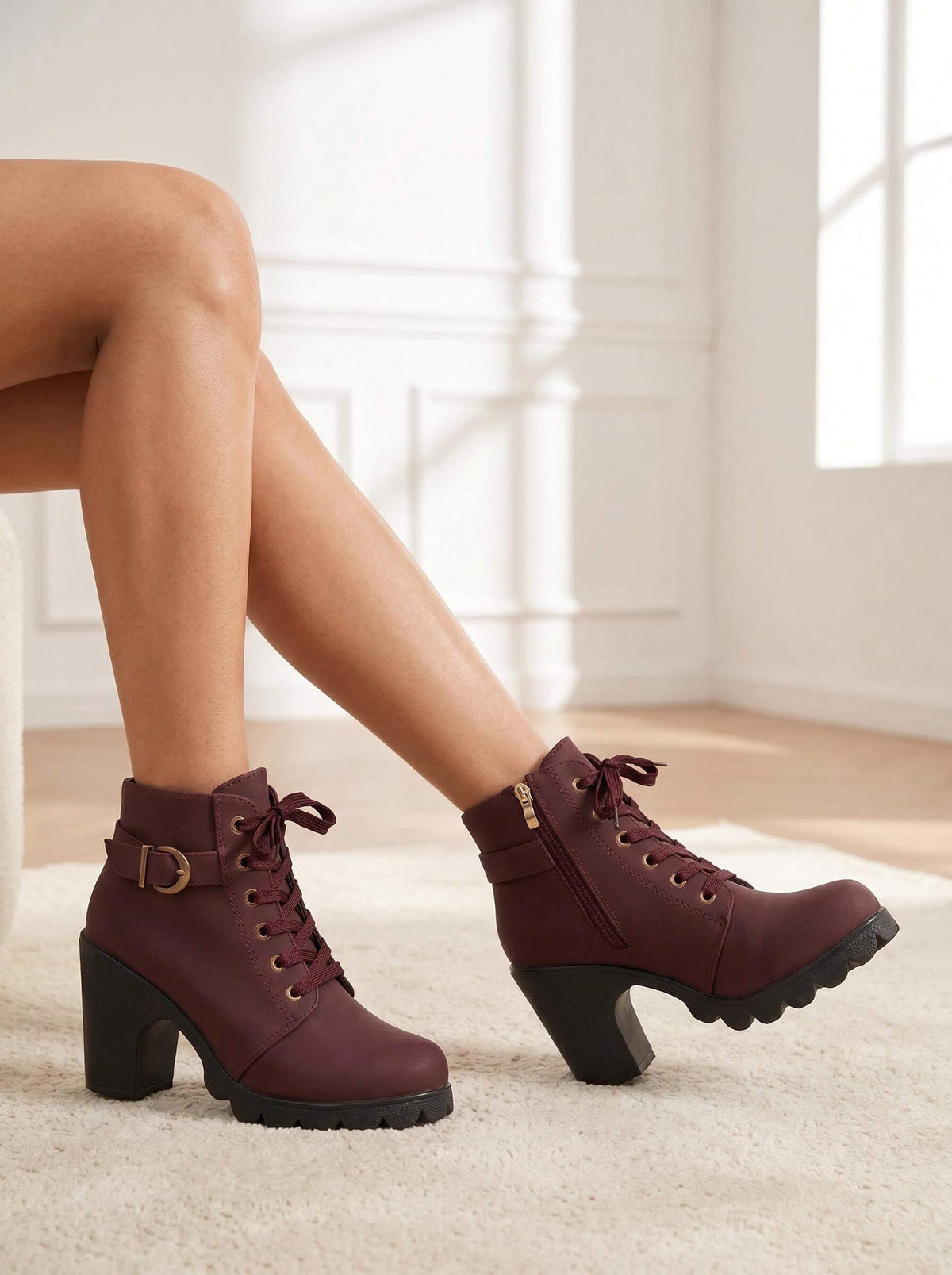 Model seated wearing Mescini burgundy buckled lace up ankle boots, indoor lifestyle shot
