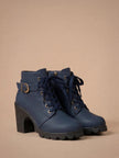 Mescini navy blue lace up combat ankle boots with buckle strap, angled pair view, US sizes