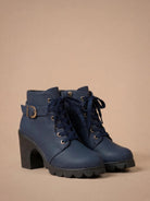 Mescini navy blue lace up combat ankle boots with buckle strap, angled pair view, US sizes