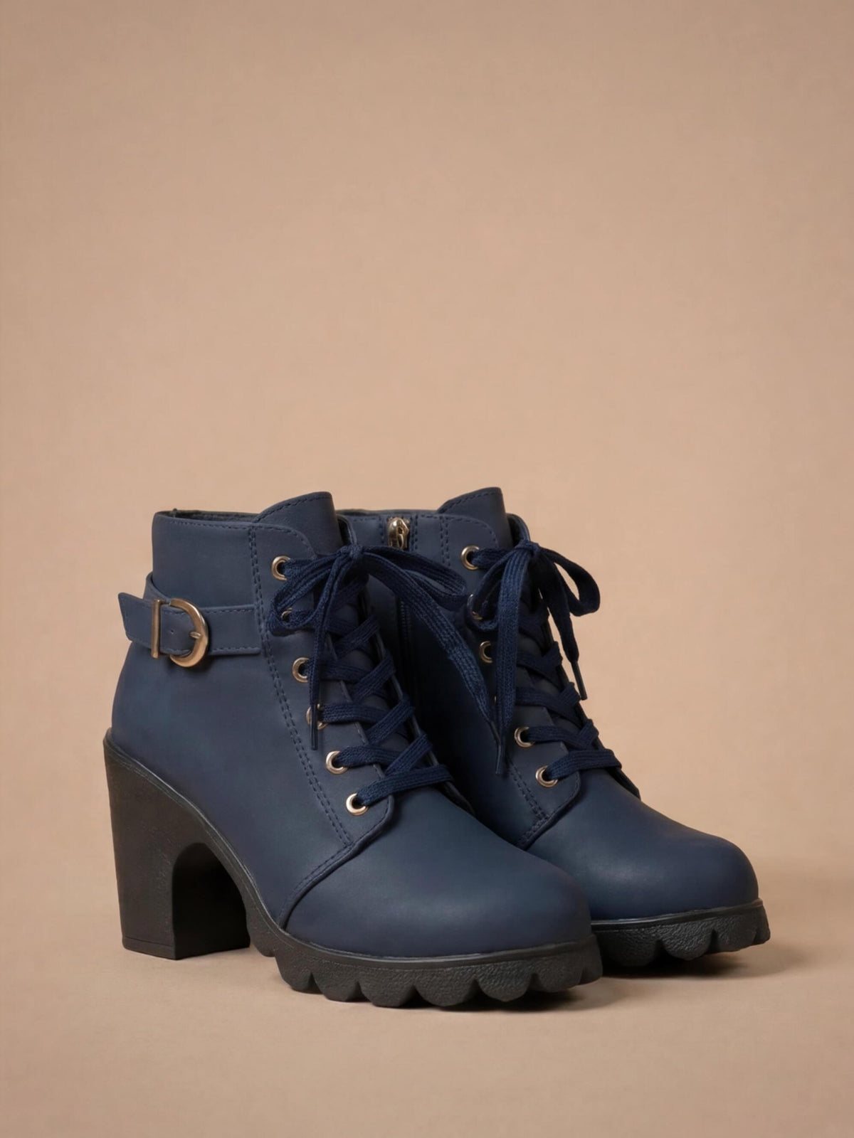 Mescini navy blue lace up combat ankle boots with buckle strap, angled pair view, US sizes