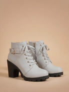 Mescini grey lace up combat ankle boots with buckle strap and lug sole, angled pair view