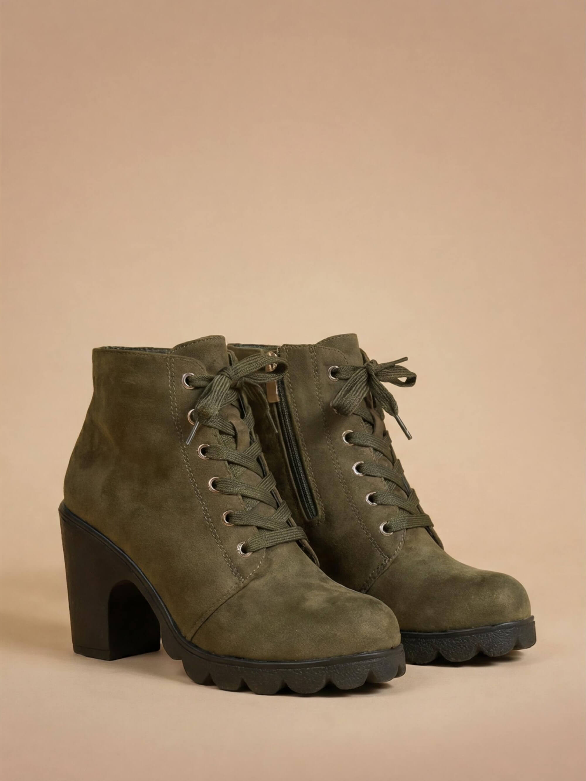 Mescini olive green lace up combat ankle boots with buckle strap, angled pair view of both