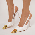 Mescini – White pointed toe slingback heels flared stiletto heel detail, US women's sizes