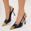 Mescini – Black pointed toe heels polished gold metal cap toe detail, US women's sizes