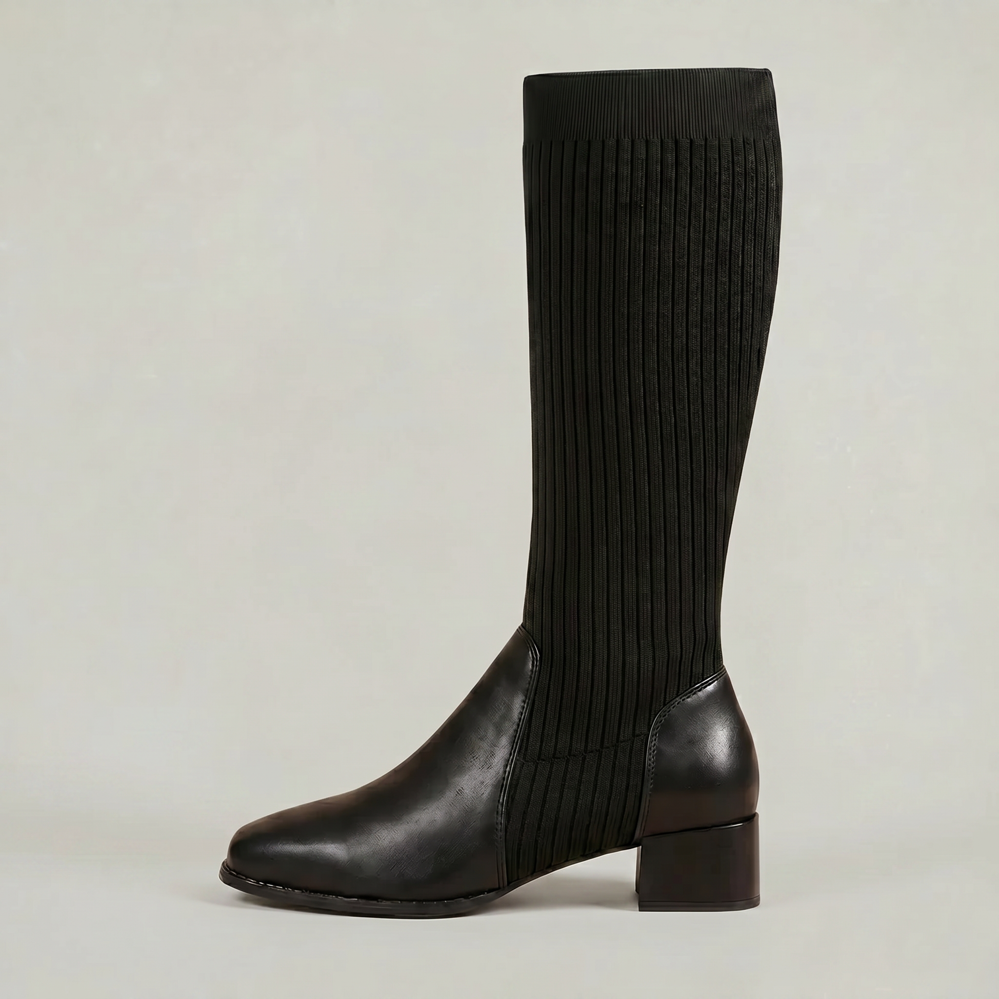 Mescini - black knit knee high boots, full side view of the ribbed shaft, US women's sizes