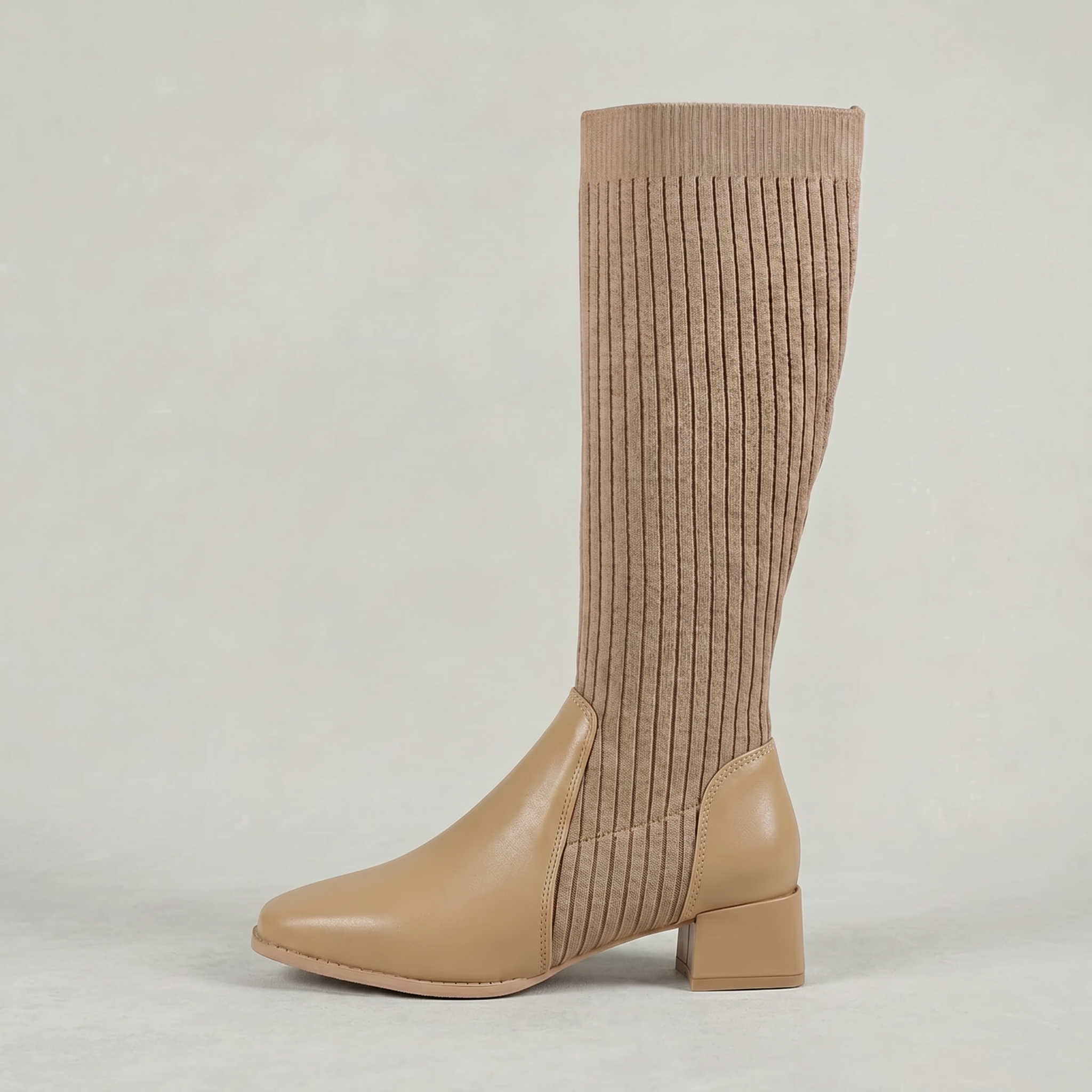 Mescini - khaki knit knee high boots, full side view with a squared toe, US women's sizes