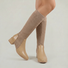 Mescini - khaki knit knee high boots on the model, both heels together, US women's sizes