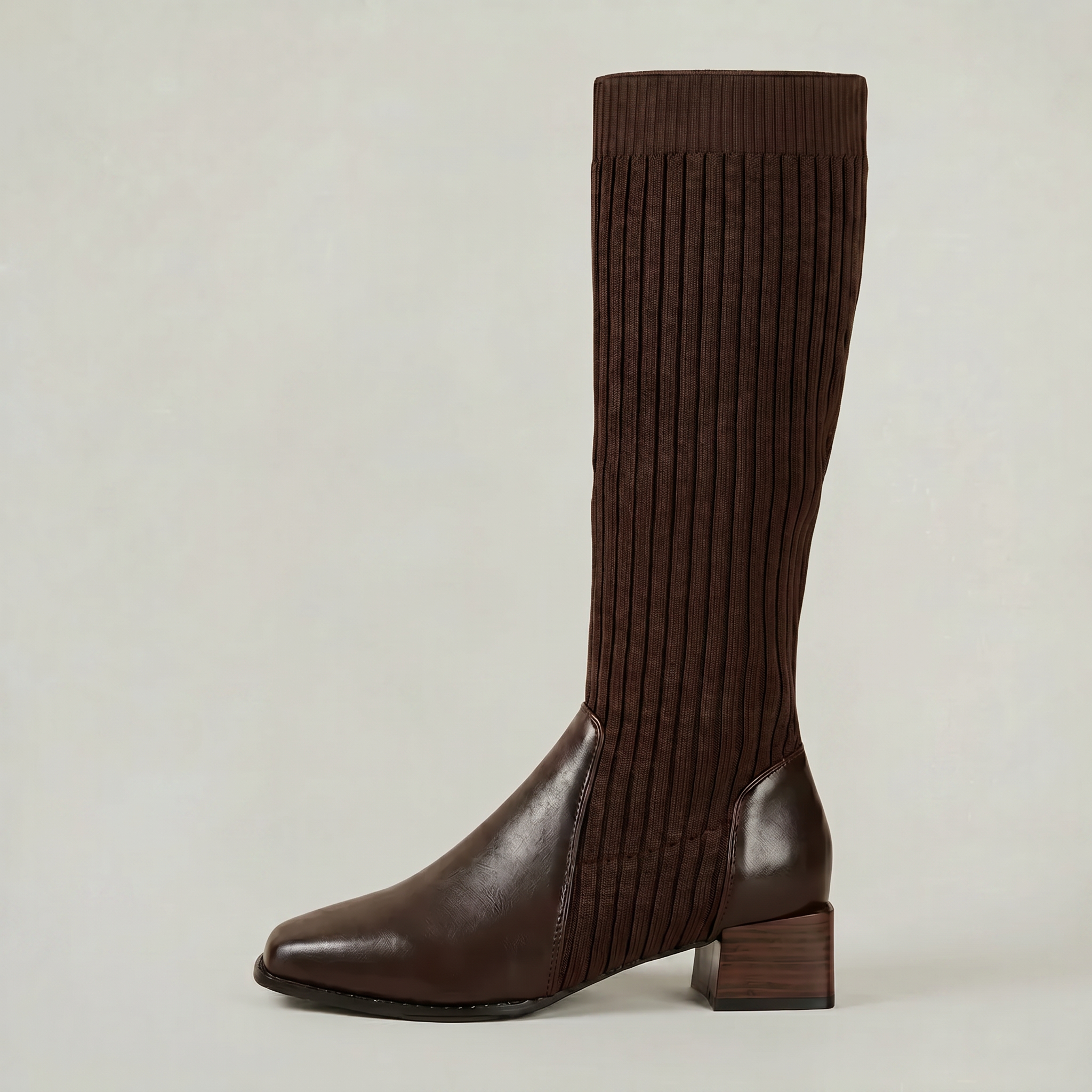 Mescini - dark brown knit knee high boots, full side view of the ribbed shaft, US women's sizes