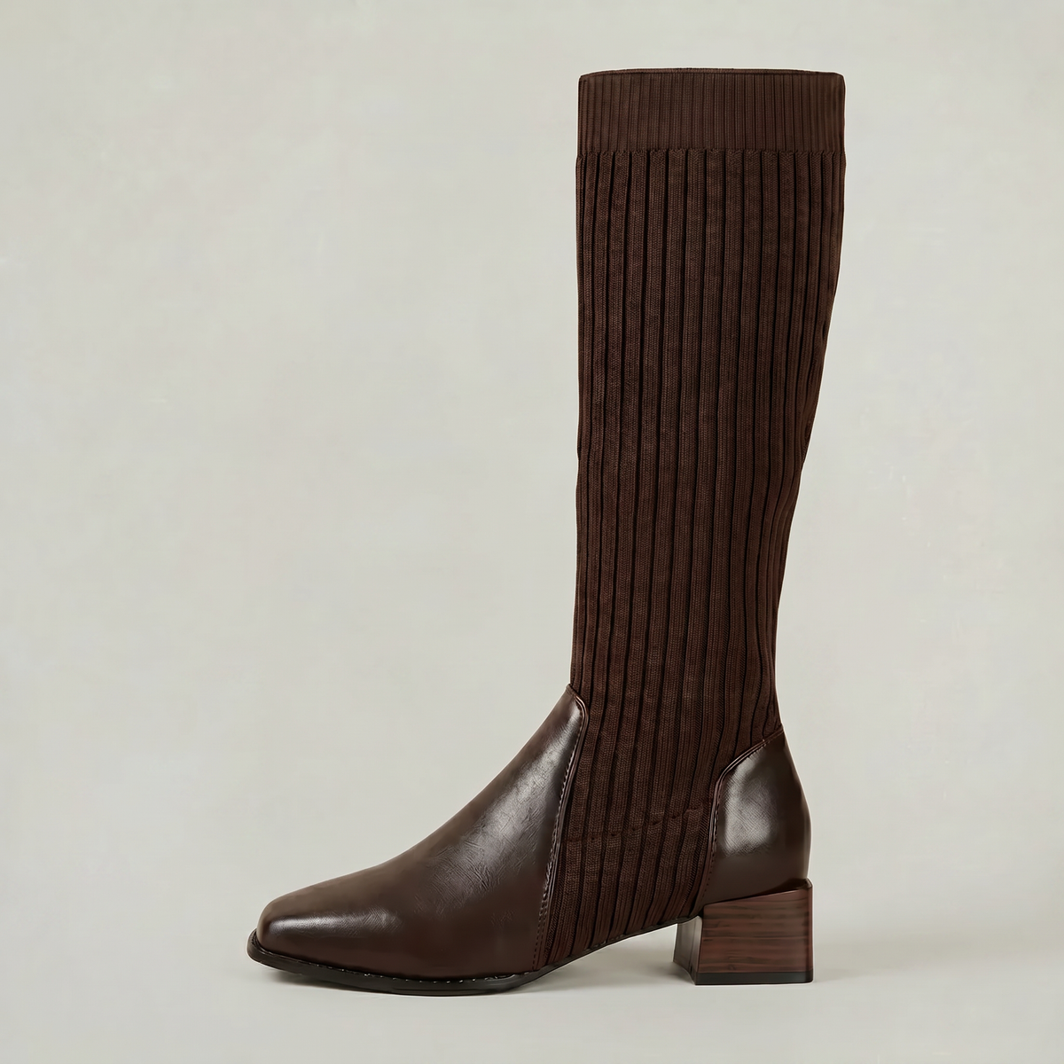 Mescini - dark brown knit knee high boots, full side view of the ribbed shaft, US women's sizes