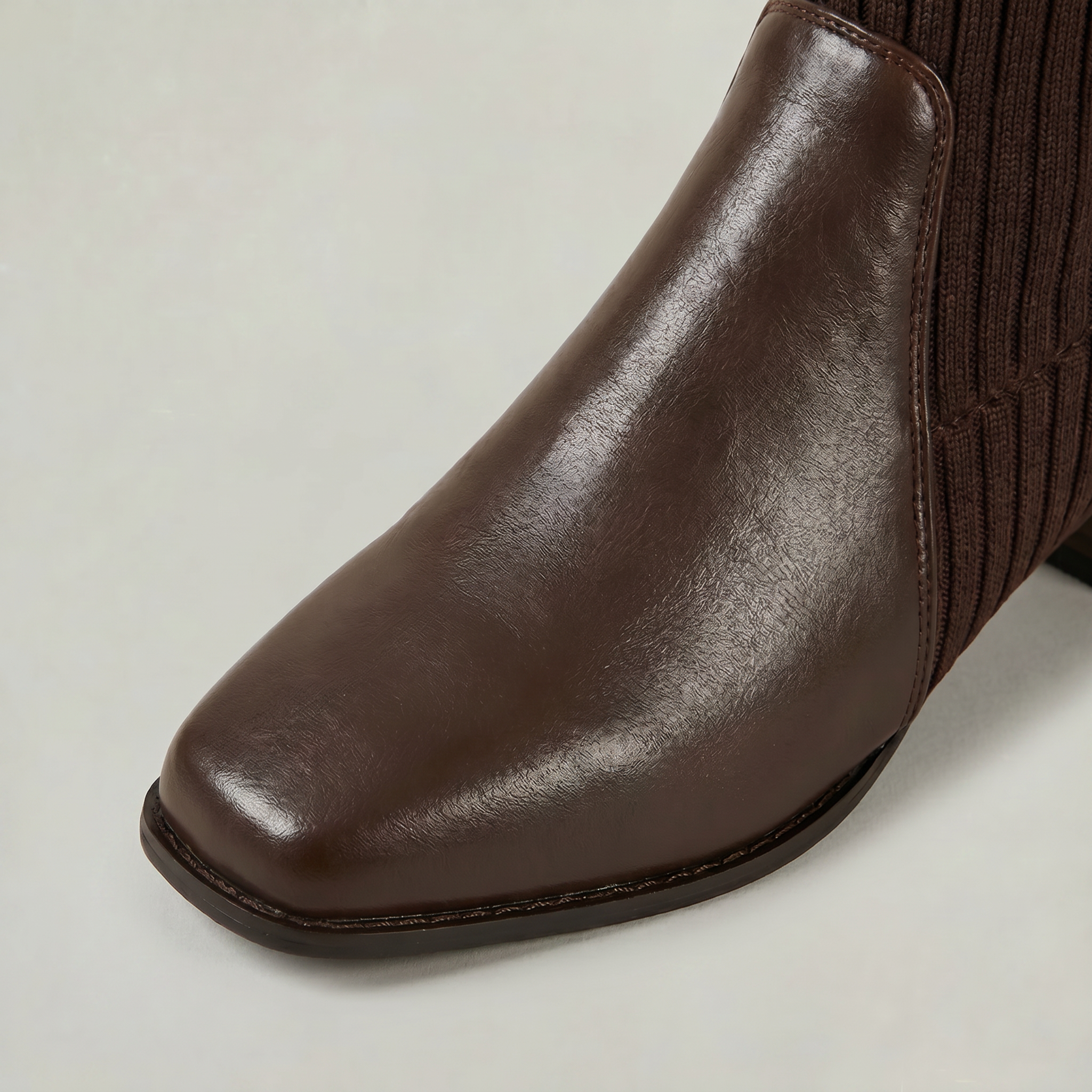 Mescini - dark brown knee high boots, close view of the squared toe and welt, US women's sizes