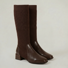 Mescini - dark brown knit knee high boots as a pair, block heel in view, US women's sizes