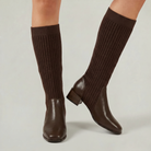 Mescini - dark brown knit knee high boots on the model, walking pose, US women's sizes