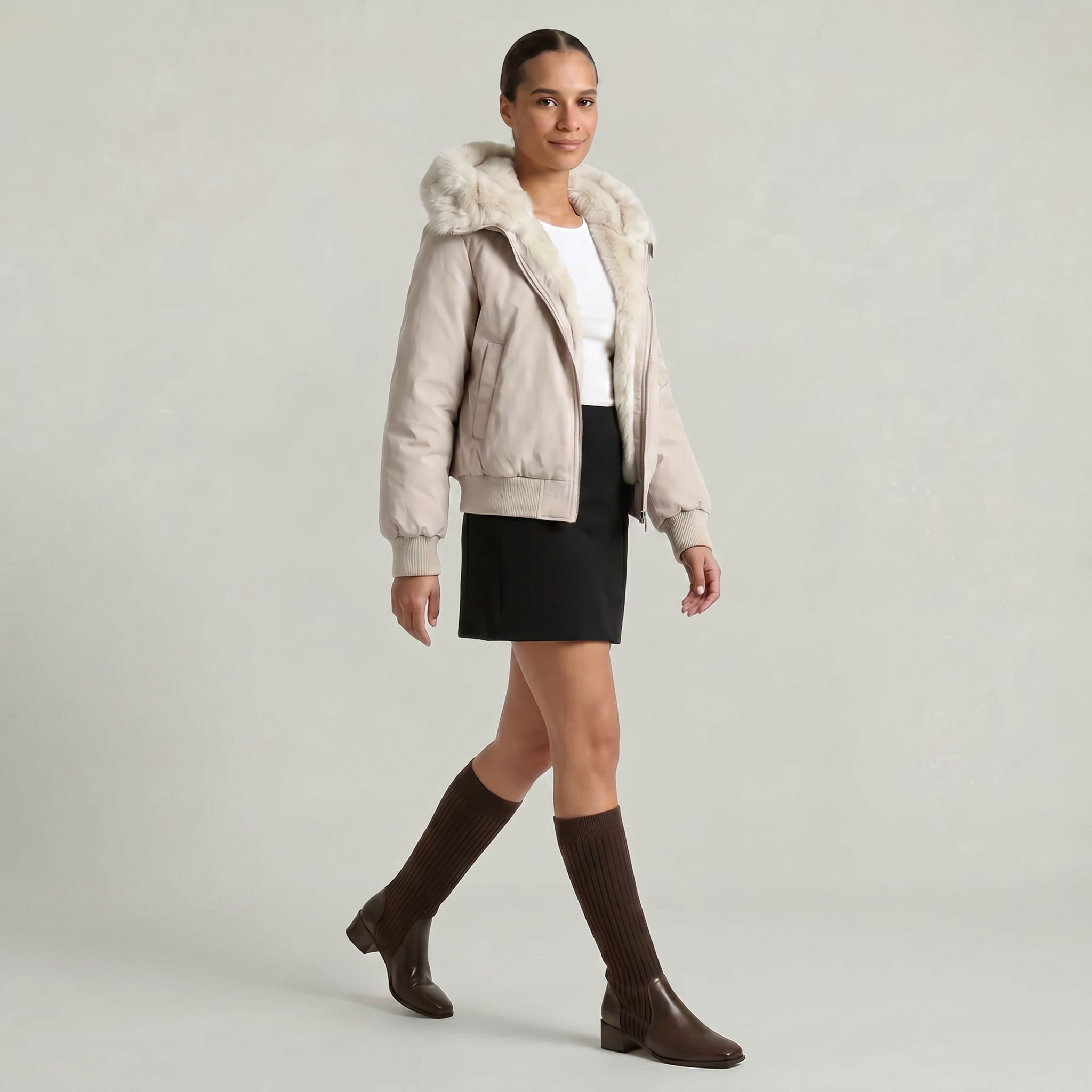 Mescini - dark brown knee high boots styled with a mini skirt and bomber, US women's sizes