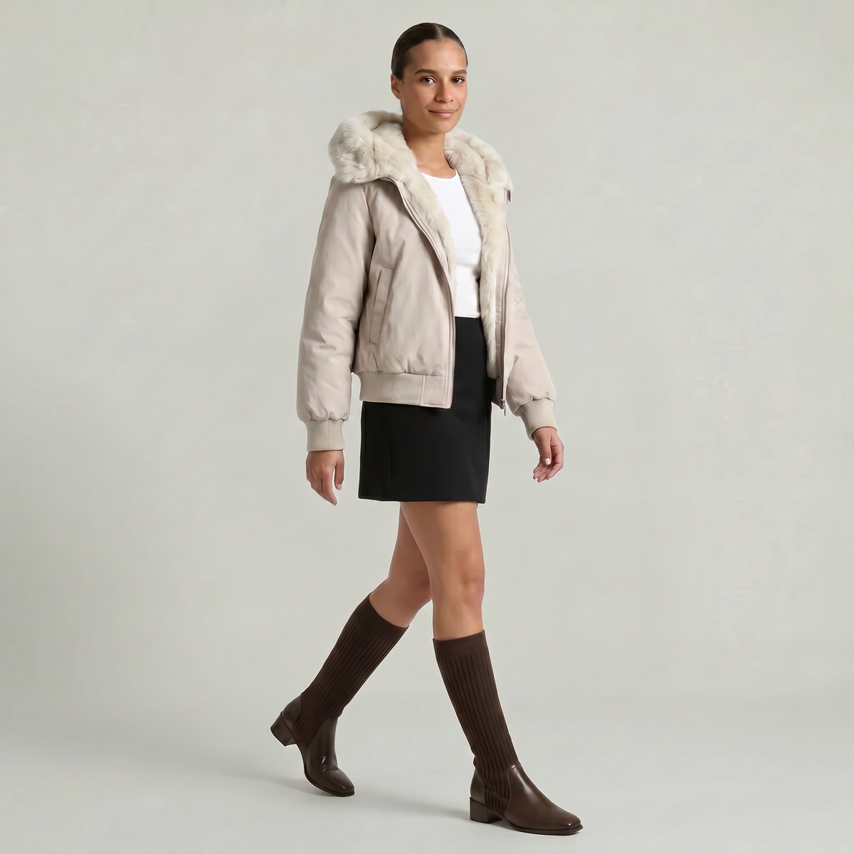 Mescini - dark brown knee high boots styled with a mini skirt and bomber, US women's sizes