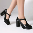 Mescini - black t strap brogue platform mary jane heels, block heel view, US women's sizes