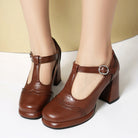 Mescini - brown t strap brogue mary jane heels, buckle and platform detail, US women's sizes