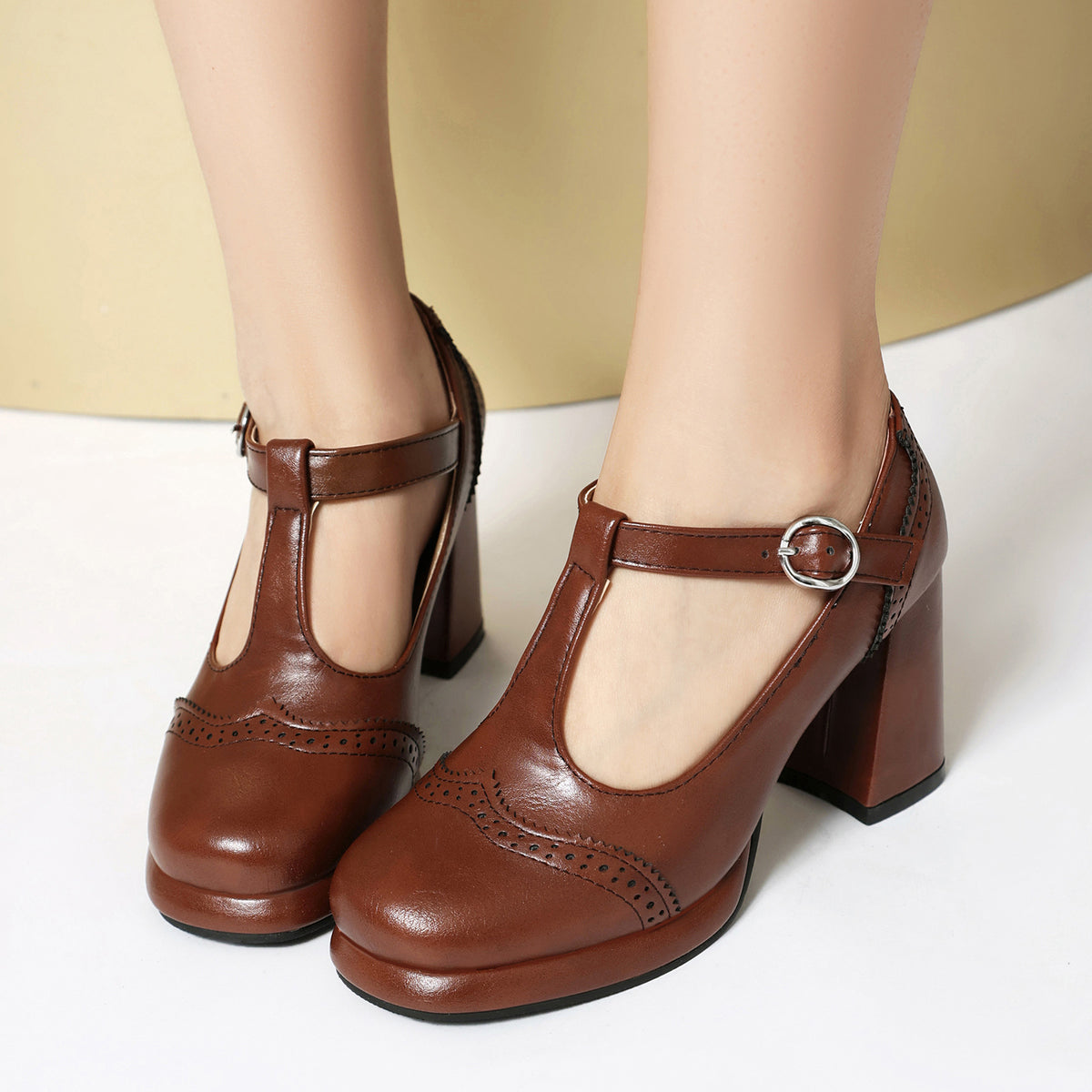 Mescini - brown t strap brogue mary jane heels, buckle and platform detail, US women's sizes