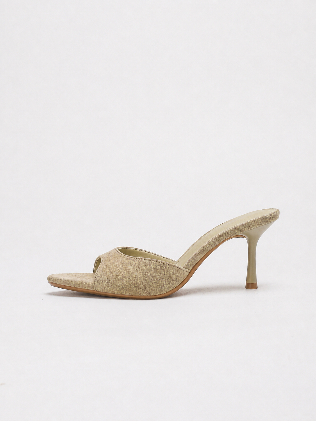Mescini beige pointed open toe suede stiletto mules, side profile of one shoe, US women's sizes