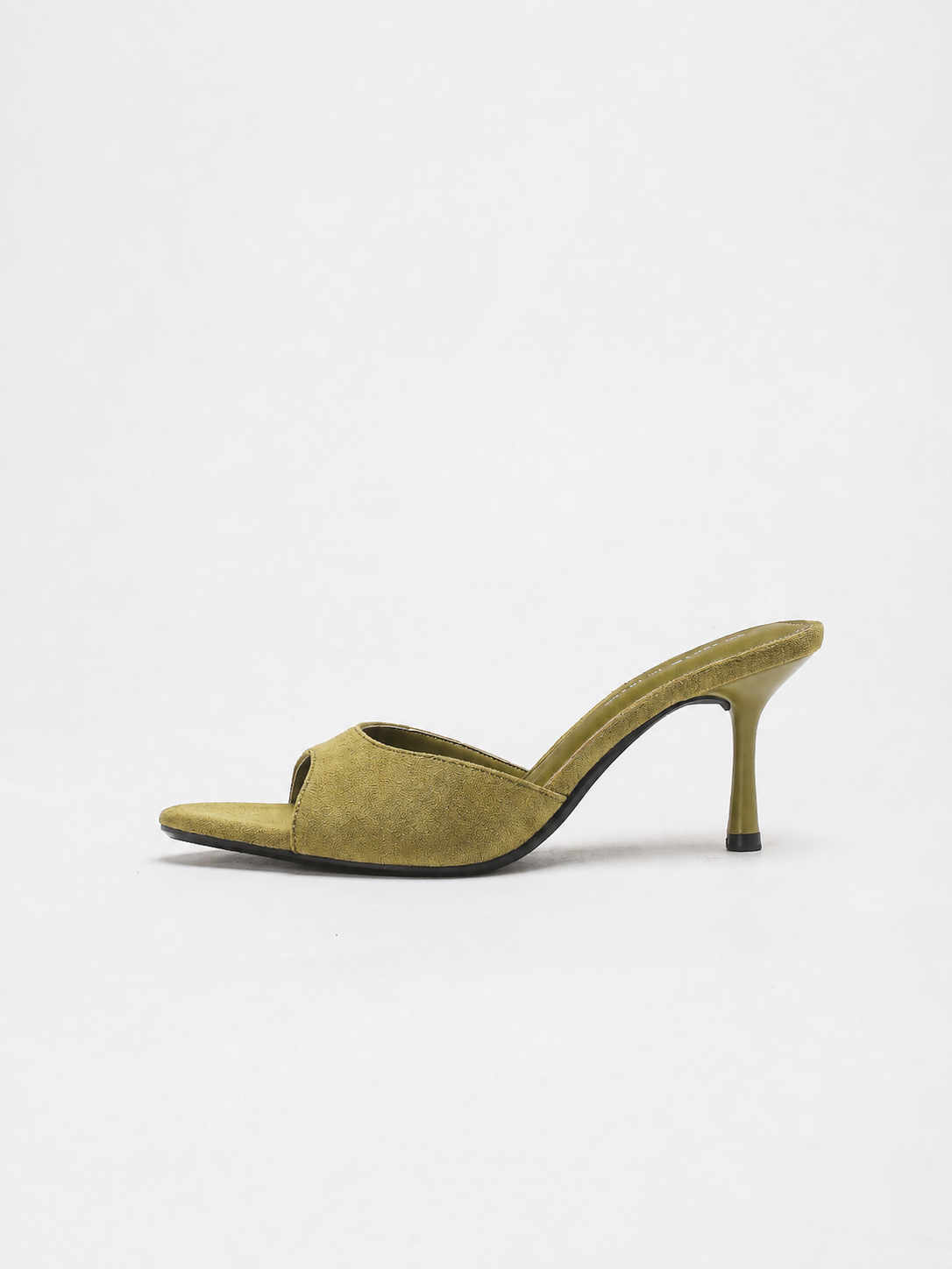 Mescini green pointed open toe suede stiletto mules, side profile of one shoe, US women's sizes