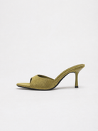 Mescini green pointed open toe suede stiletto mules, side profile of one shoe, US women's sizes