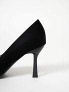 Mescini black square ring pointed toe pumps, rear view of the slim stiletto, US women's sizes