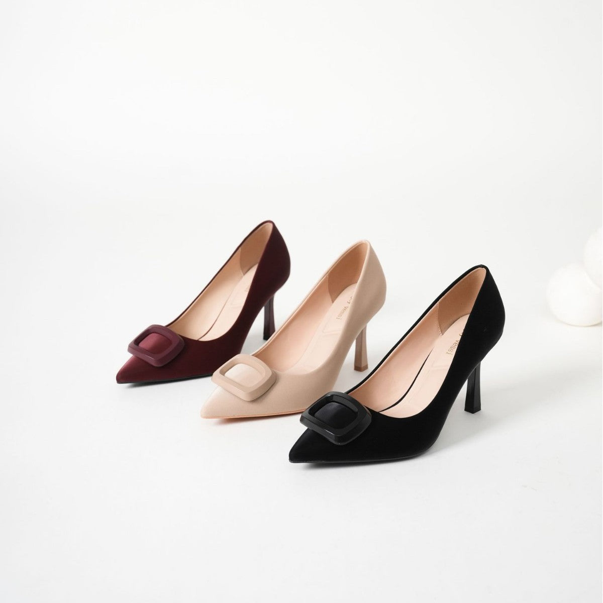 Mescini burgundy square ring pointed toe pumps, all three colors side by side, US women's sizes