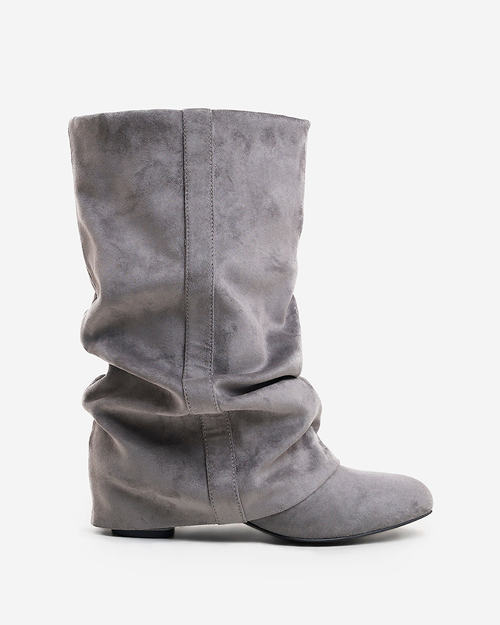 Mescini grey slouchy mid calf boots, full side view of the ruched shaft, US sizes