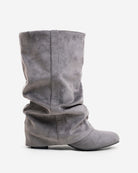 Mescini grey slouchy mid calf boots, full side view of the ruched shaft, US sizes